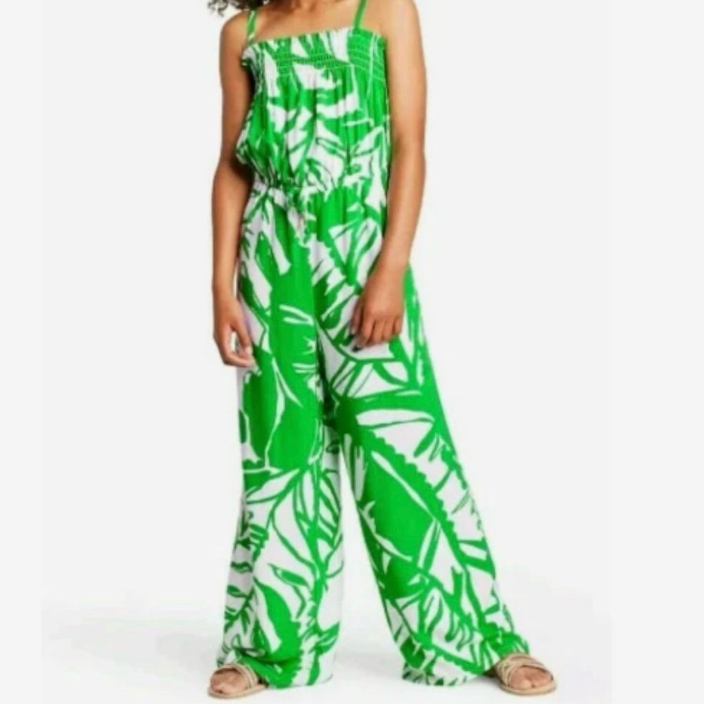 Lilly Pulitzer Green and White Tropical Print Girls Jumpsuit